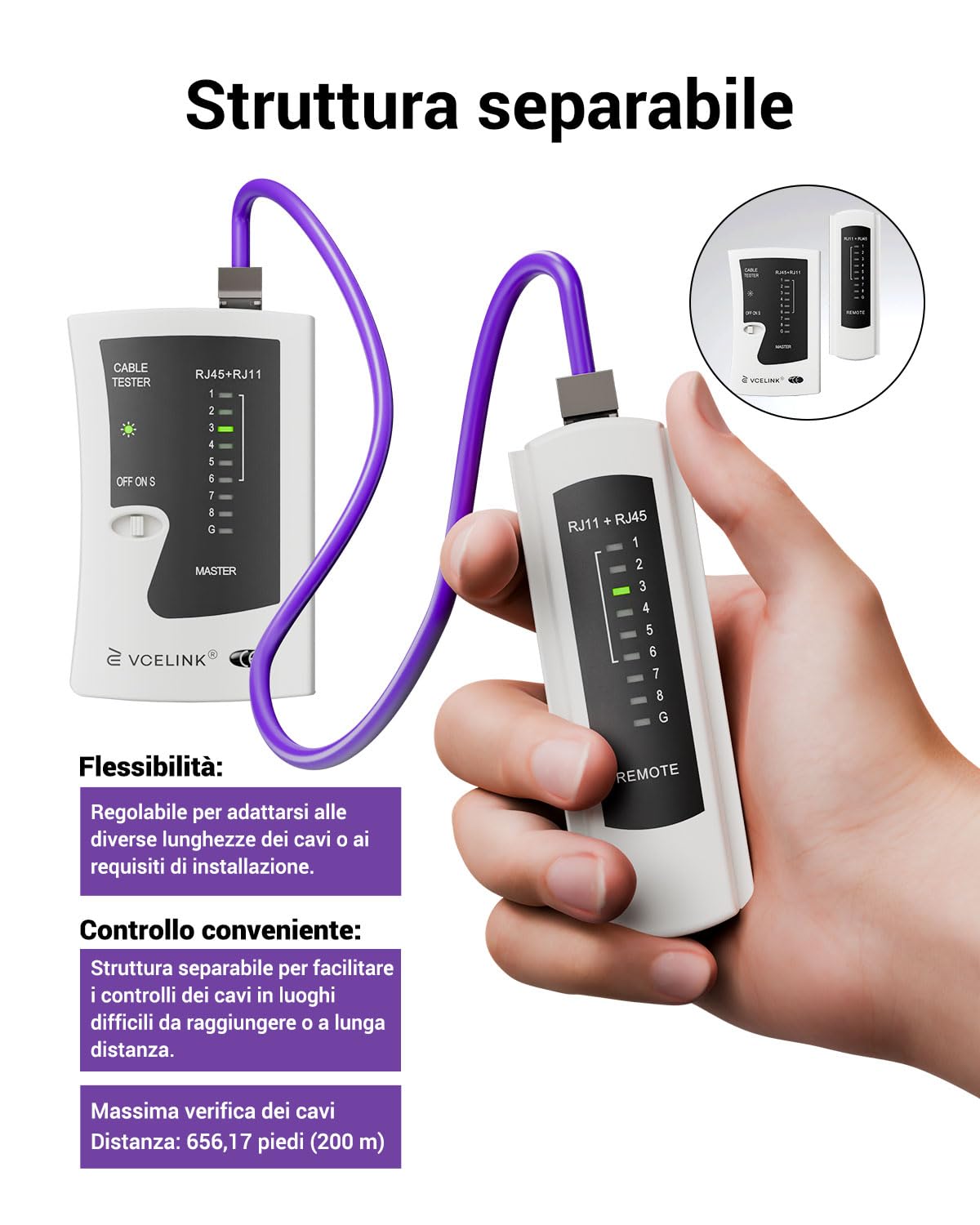 Detalle 2 de VCELINK Tester Cavi di Rete GJ468 per RJ45/RJ11/RJ12 (PoE) – Tester Ethernet professionale grigio