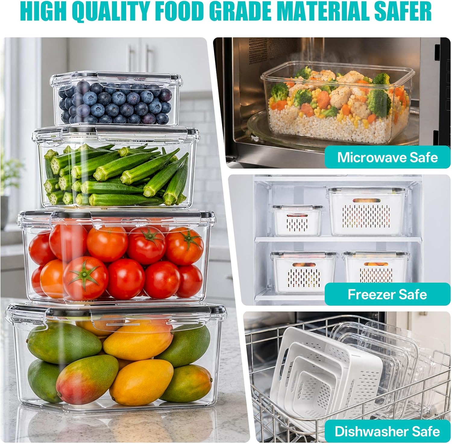 Detalle de HOMETALL 4-Pack Fruit Storage Containers for Fridge: BPA-Free, Mesh Design, 3.4QT to 0.4QT