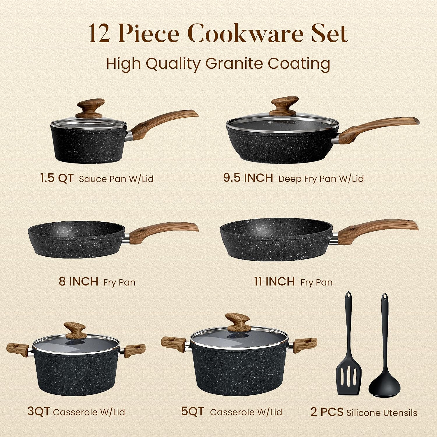 Thumbnail 5 de Kitchen Academy 12-Piece Granite Nonstick Cookware Set