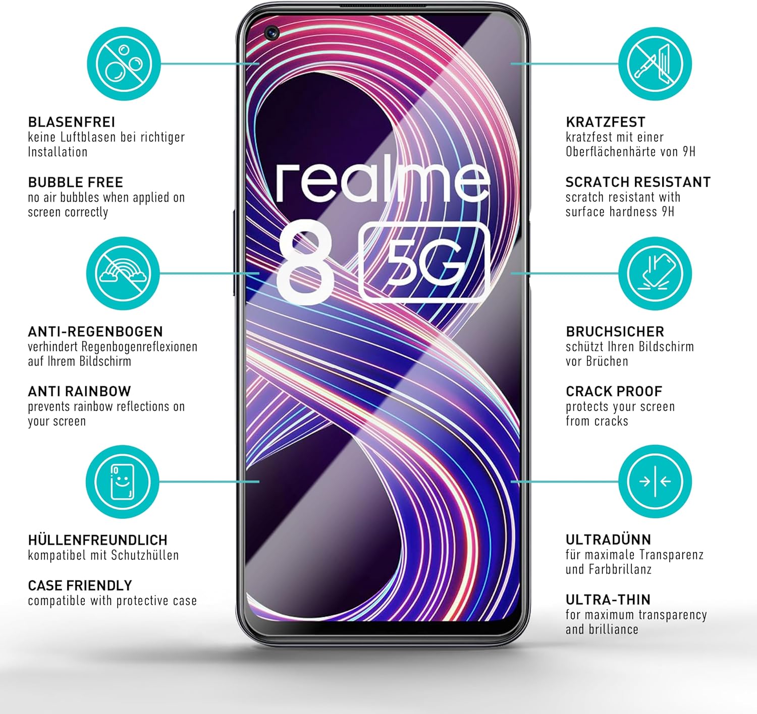 Thumbnail 5 de SmarTect Realme 8 5G Screen Protector, 3-Pack Tempered Glass, 9H