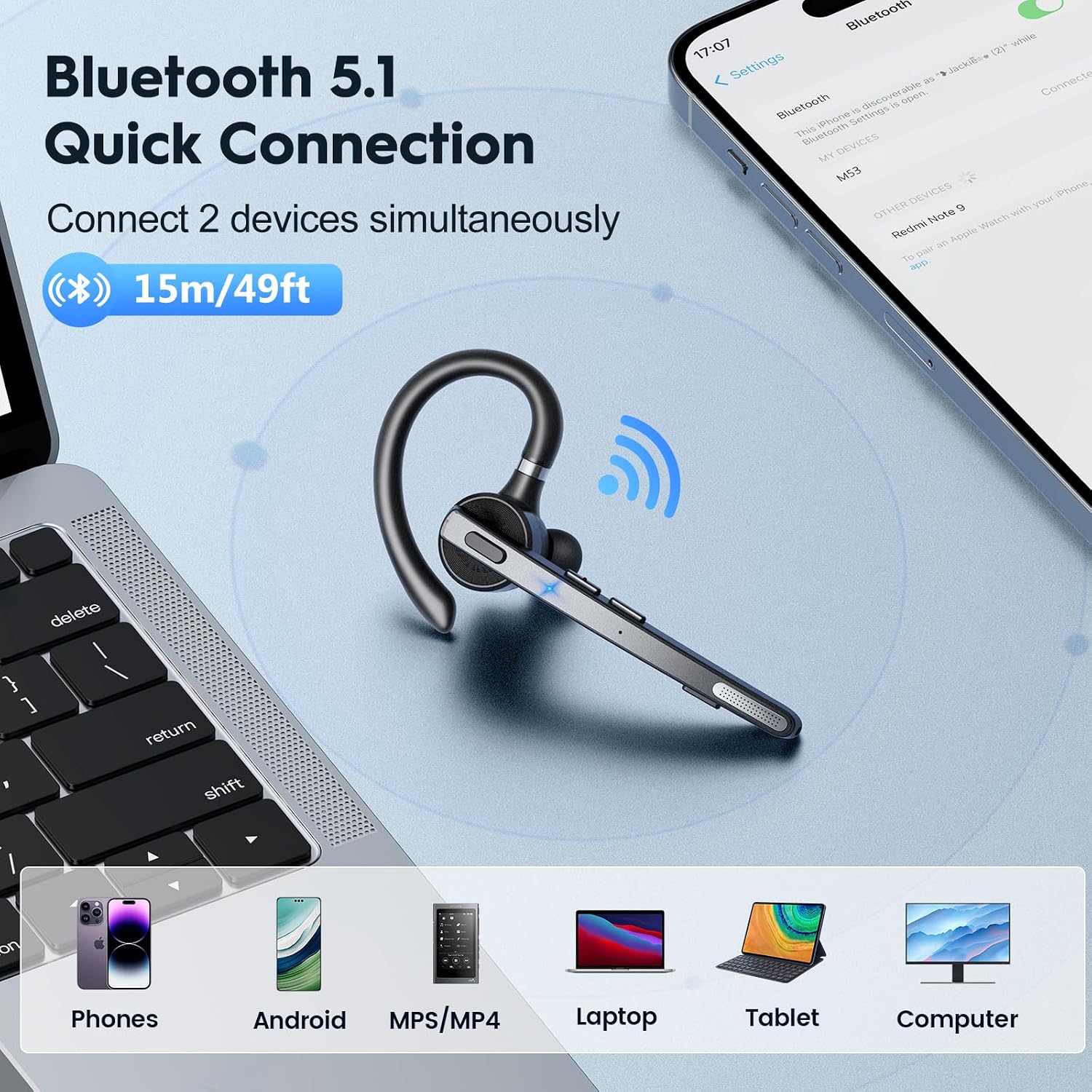 Thumbnail 4 de Bluetooth Headsets Dual Mic V5.1, 72 hrs playtime
