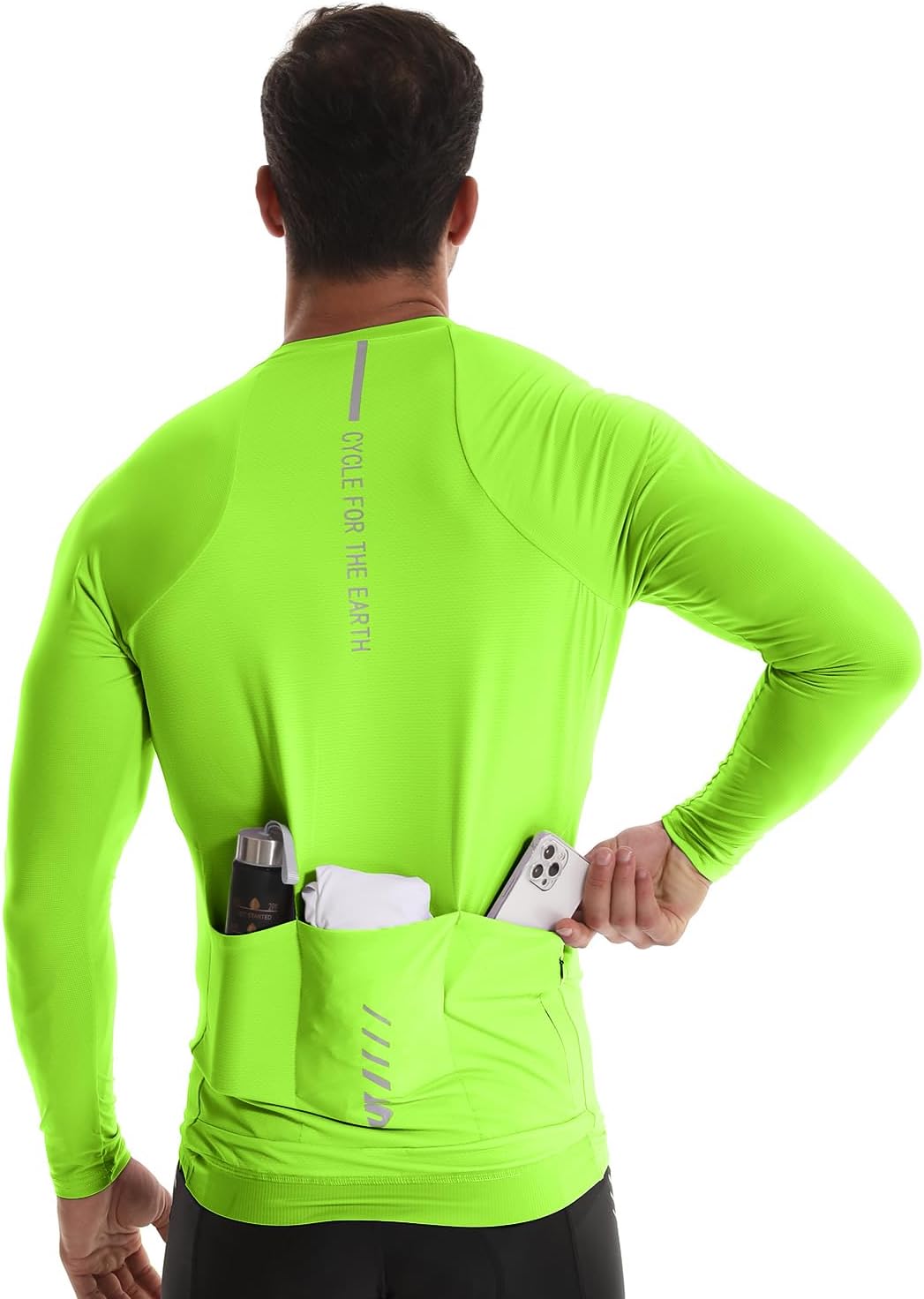 Detalle de Wulibike Men's Cycling Jersey with 3+1 Pockets, Reflective Strips and Quick-Dry Breathable Fabric