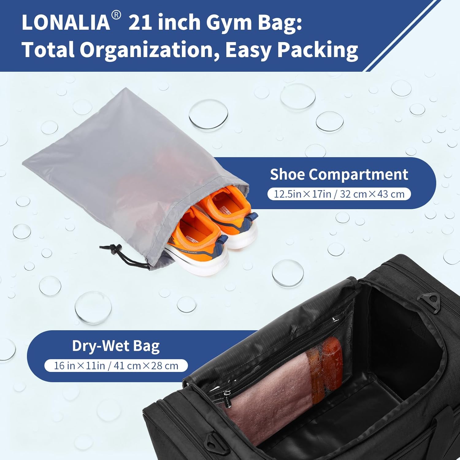 Thumbnail 3 de LONALIA Sac de Sport 45L avec Poche Humide et Compartiment à Chaussures – Noir