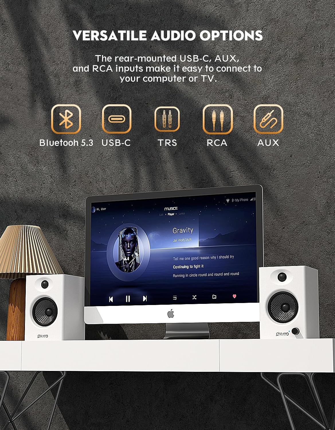 Detalle de OHAYO 60W Aktive PC-Lautsprecher – Bluetooth 5.3, USB-C/RCA/AUX, 2.0 Stereo Set (1 aktiv + 1 passiv)