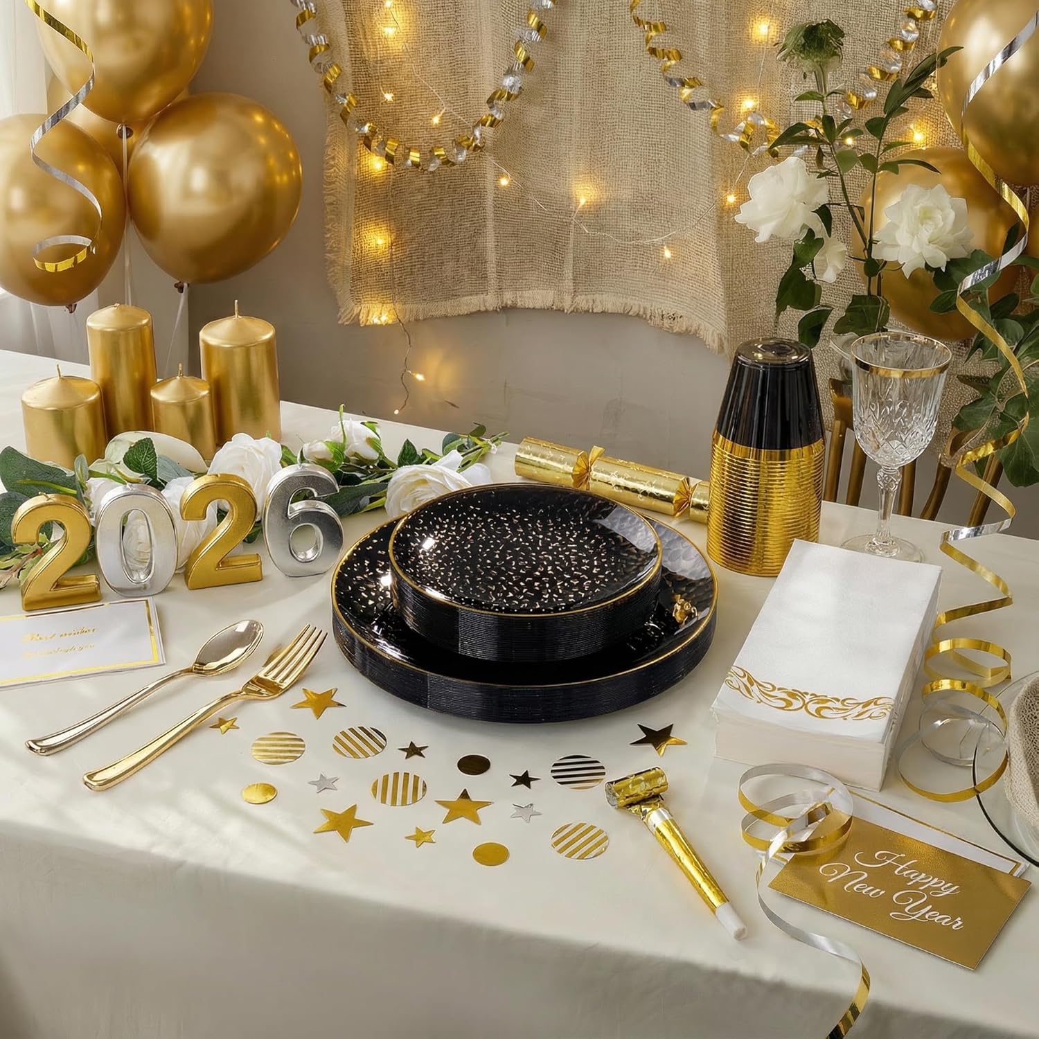 Thumbnail 4 de DaYammi 350-Piece Clear Black & Gold Plastic Dinnerware Set for Parties