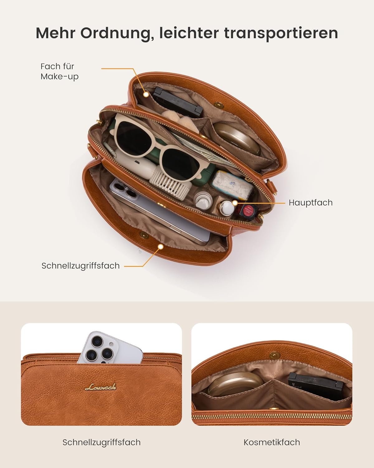 Thumbnail 2 de LOVEVOOK Umhängetasche Damen – kleine Crossbody Bag mit RFID-Schutz, 3 Fächer und 2 Wechselriemen (hellbraun)