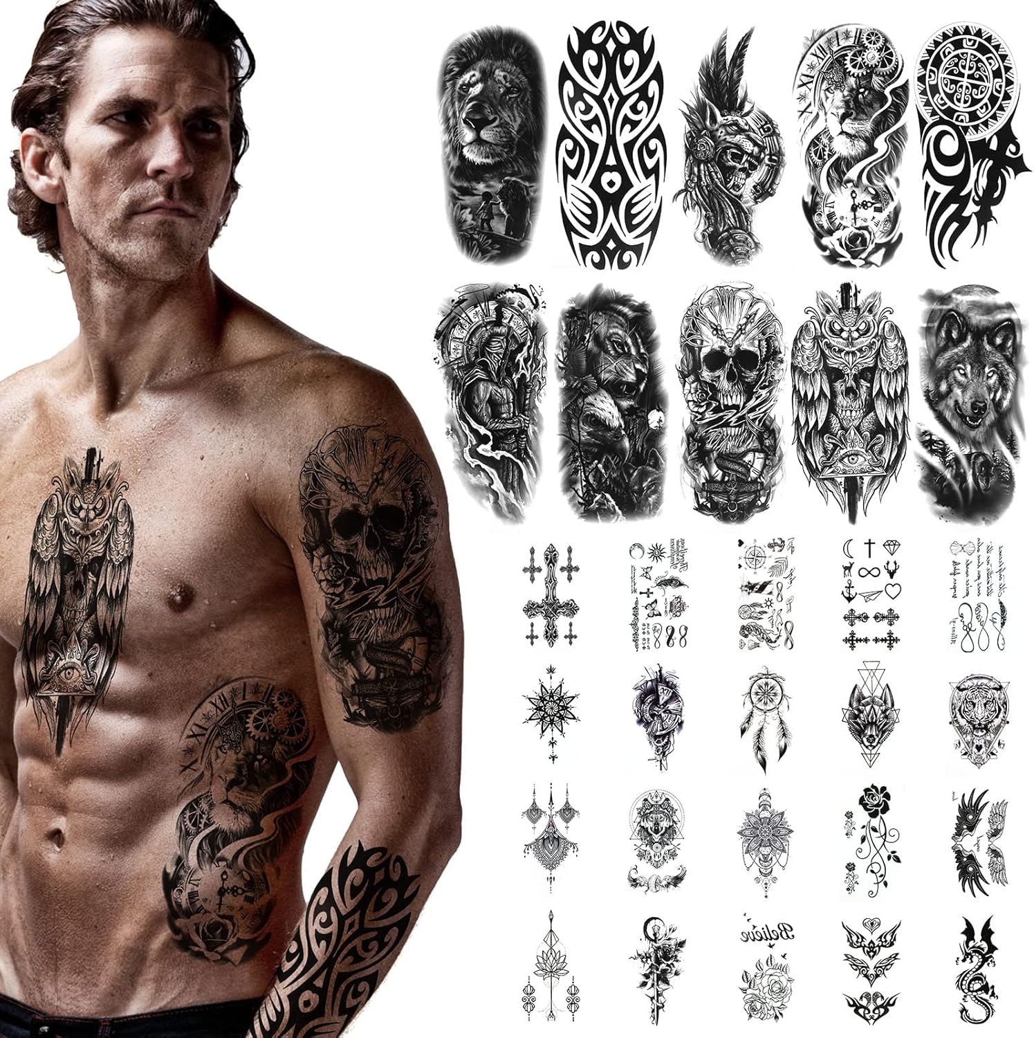 URAQT Impermeabili Tatuaggi Temporanei – 12 Fogli, Tatuaggi Finti Neri Rimovibili e Non Tossici per Braccio, Spa, Festival
