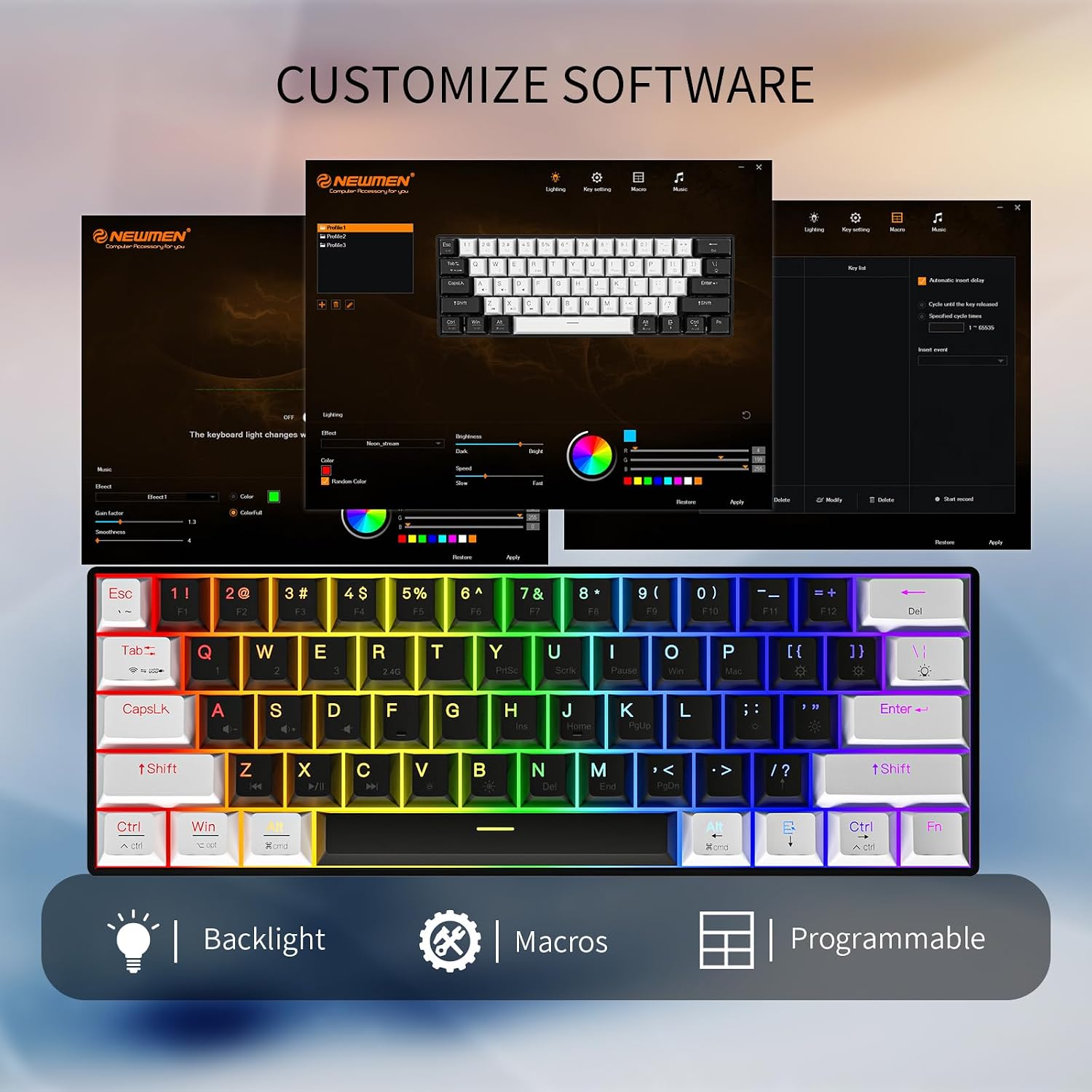 Detalle de Newmen GM610 60%-Tastatur mit Bluetooth (3.0/5.0), RGB und Hot-Swap für Gaming – mit Red Switch