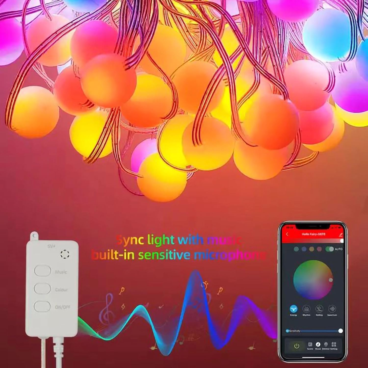 Detalle de KYUQY sdrf34f Smart Fairy Lights, 10 m RGB, Music Sync and USB Powered