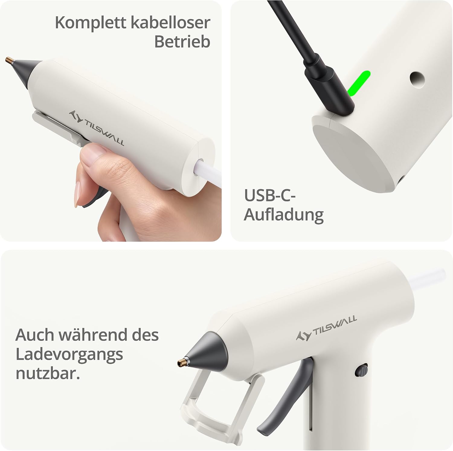 Detalle de Tilswall kabellose Heißklebepistole mit Akku (2000 mAh) und 20 Premium-Klebesticks – 170 °C, weiß