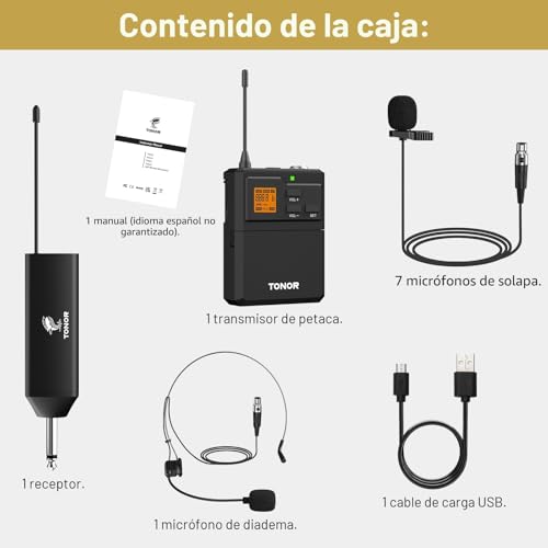 Thumbnail 8 de TONOR Microfono Inalámbrico UHF con Diadema/ Lavalier y Bodypack – 60 m, 5 Frecuencias, 2 baterías