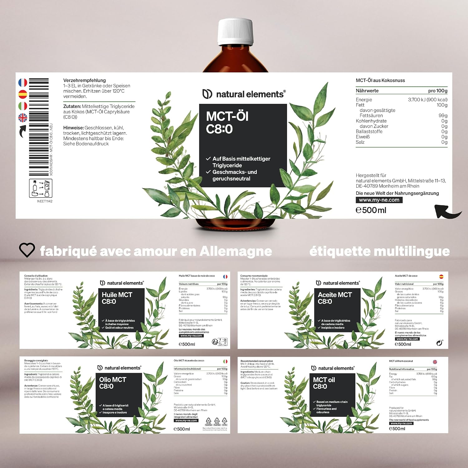 Detalle de Natural Elements Huile MCT (acide caprylique C8) 500 ml – goût et odeur neutres, végane