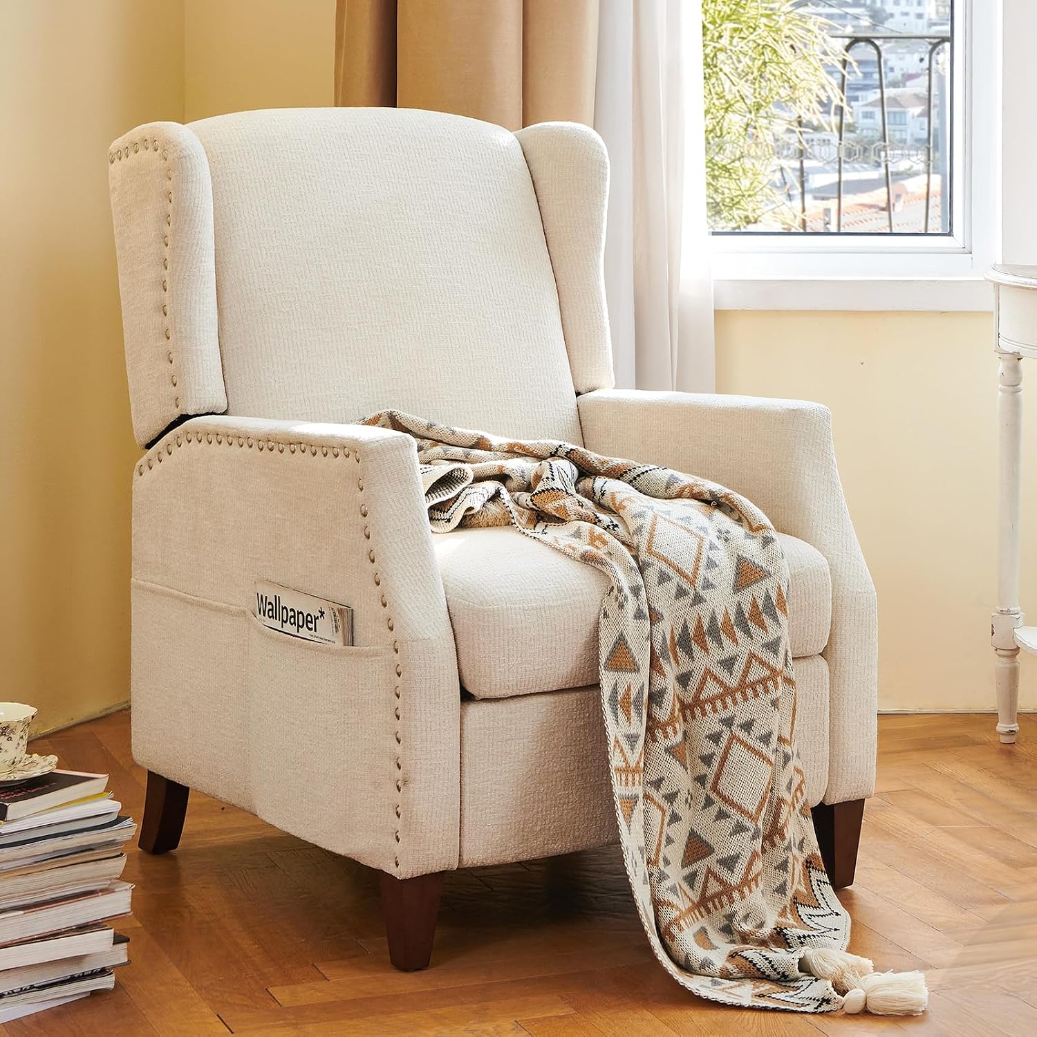 Detalle de COLAMY W502 Wingback Pushback Recliner Chair, Beige Chenille with Side Pocket