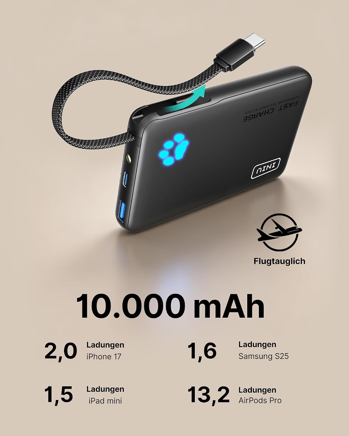 Thumbnail 6 de INIU Power Bank 45W Schnellladen – 10000mAh, integriertes USB-C Kabel, kompakt & flugzeugtauglich