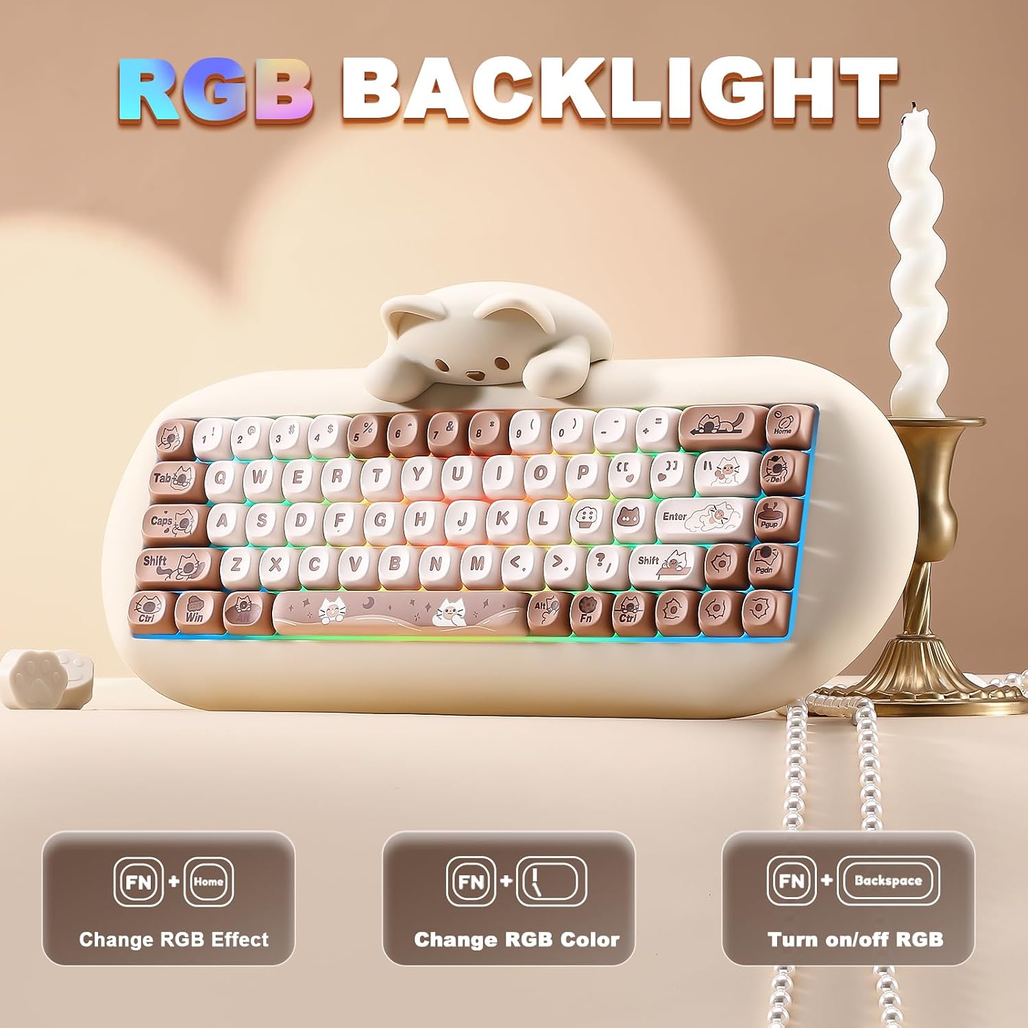 Detalle 2 de YUNZII C68 Wireless Mechanical Keyboard — 65% Layout, Cat Silicone Design, Brown Milk Switch