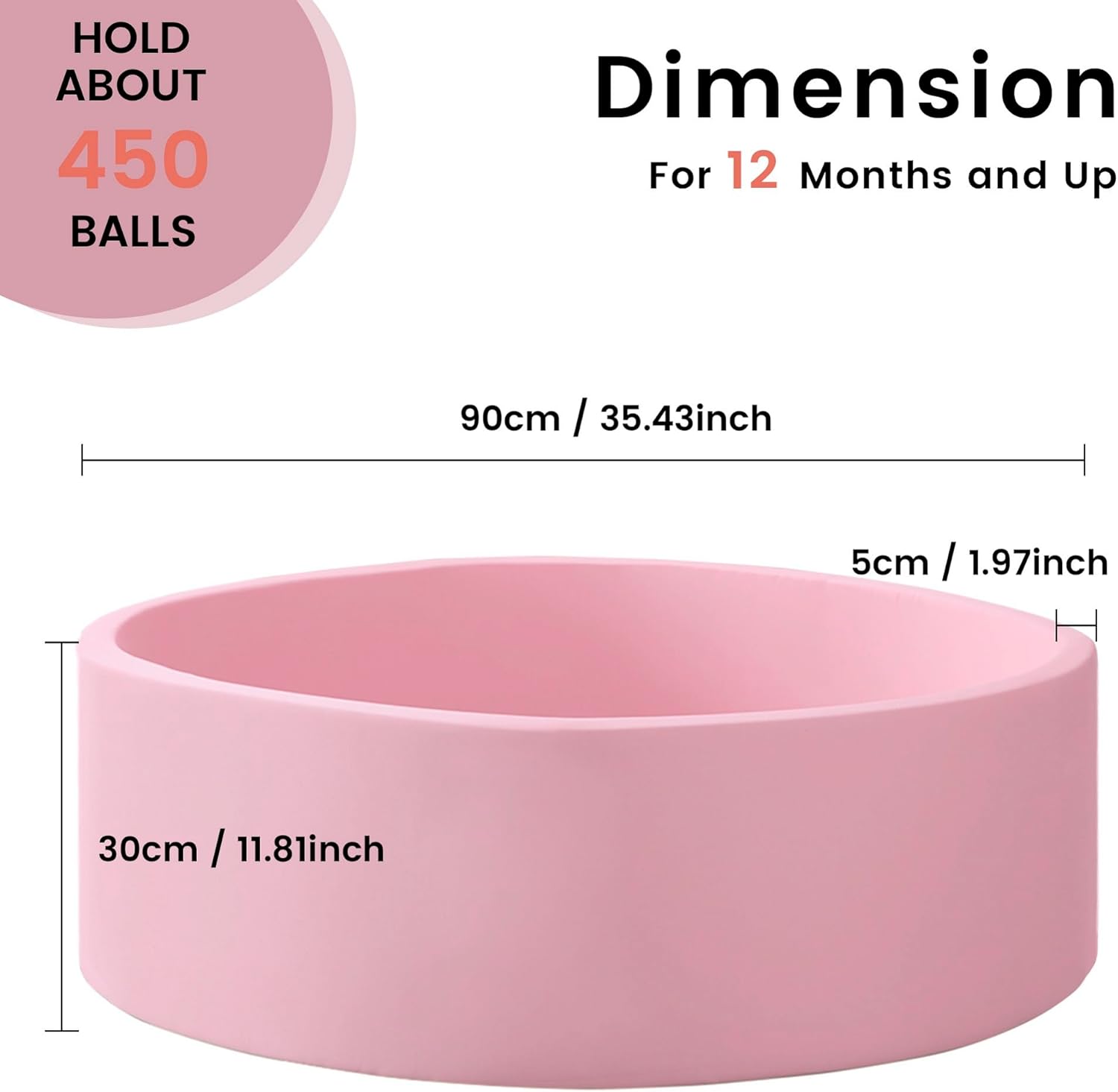Detalle de Zedachica Ball Pit for Toddlers (Pink) – 35.43" x 11.81" Memory Foam Ball Pit, No Balls Included