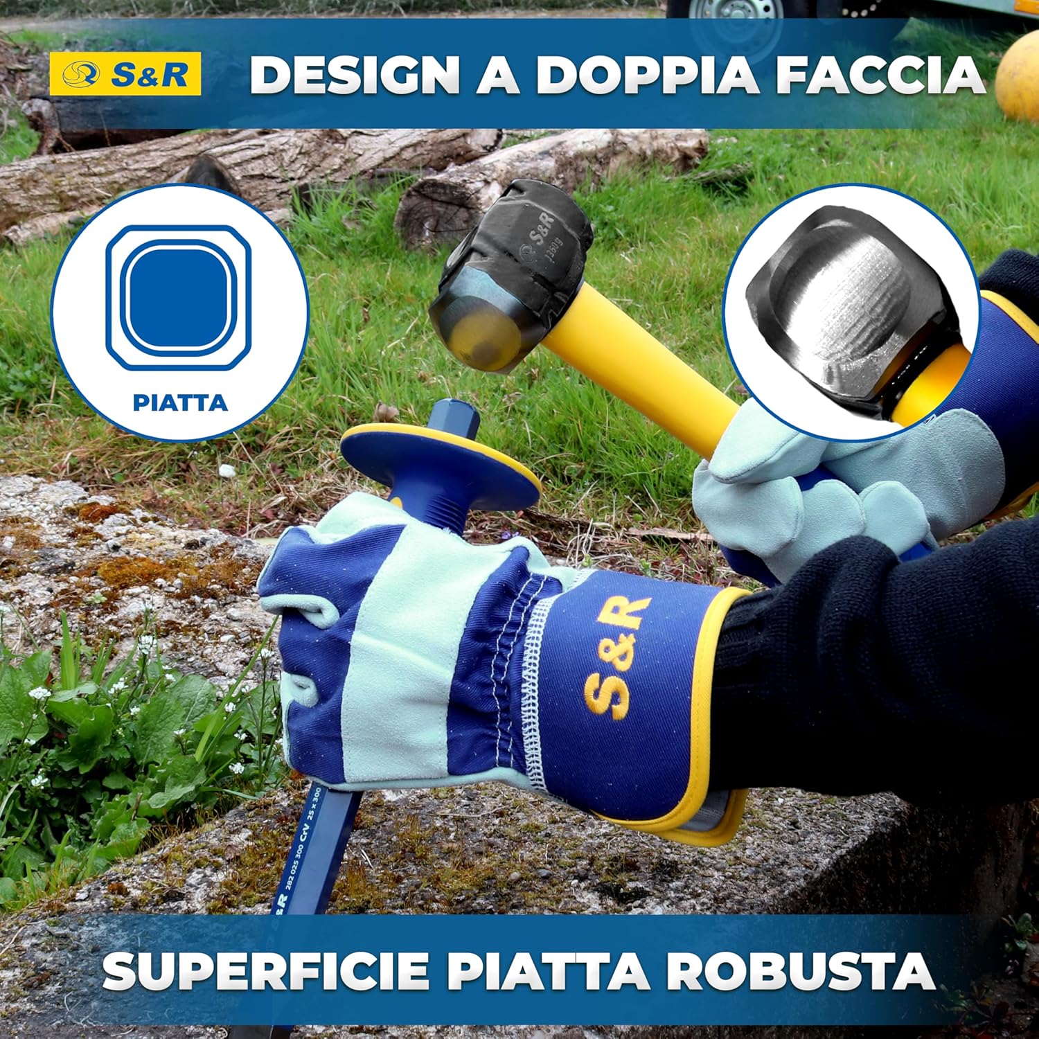 Detalle de S&R Mazzetta da Muratore 1360 g – Martello Demolitore a Croce in Acciaio temprato 38–48 HRC, Impugnatura Ergonomica in Fibra di Vetro