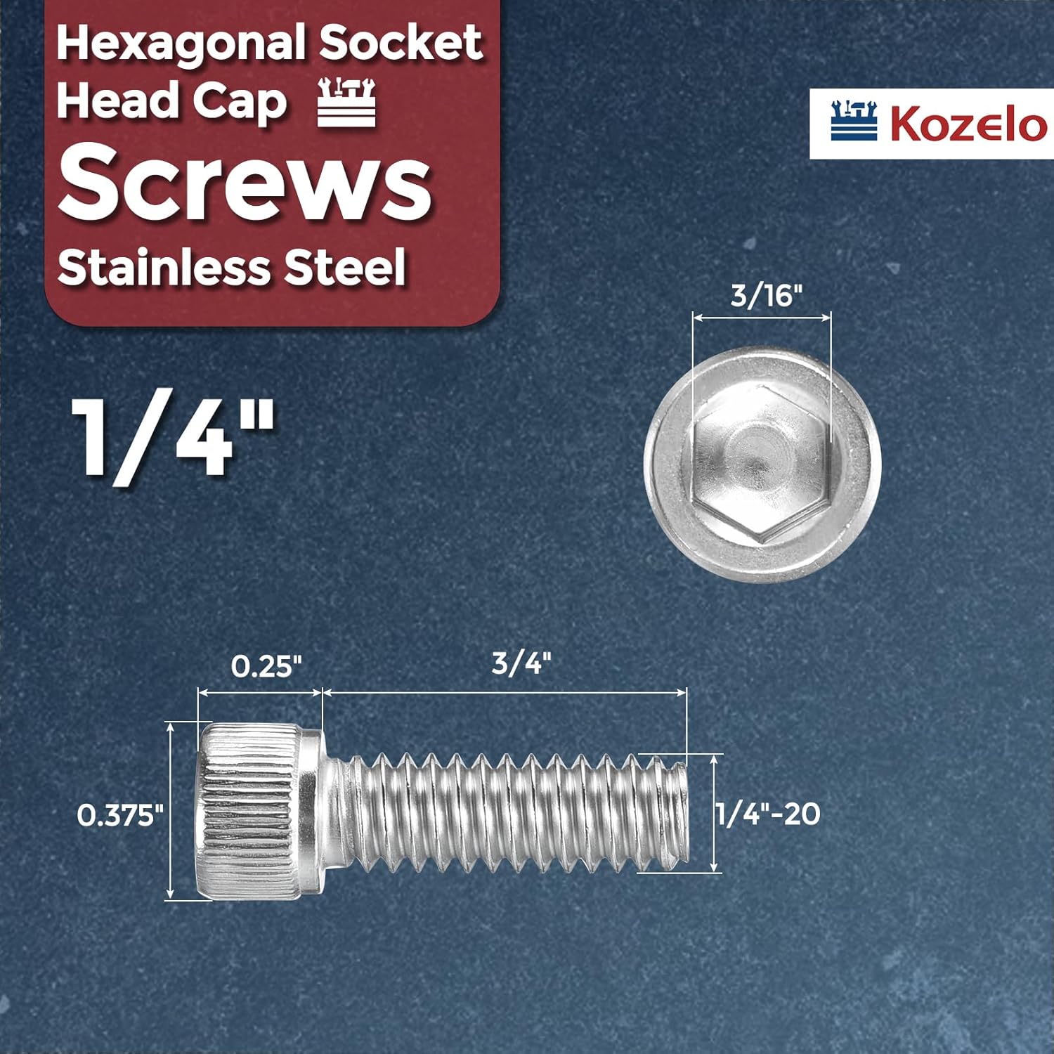 Thumbnail 1 de Kozelo 10 pack Socket Head Cap Screws 1/4"-20 x 3/4" UNC 304 Stainless Steel (Allen drive)
