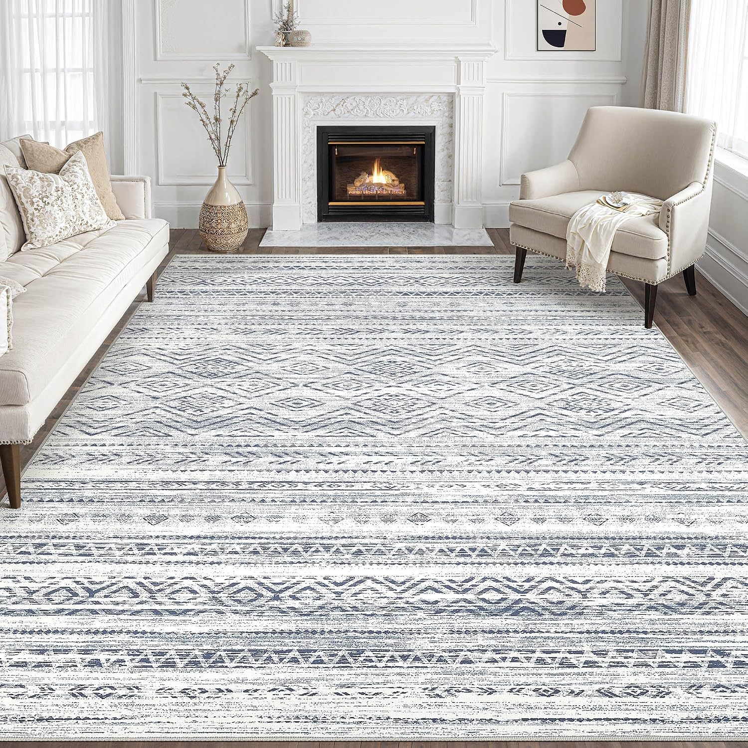 Detalle de Tortania 7x9 Washable Area Rug: Soft Dark Blue Boho Moroccan Style for Living Room & Beyond