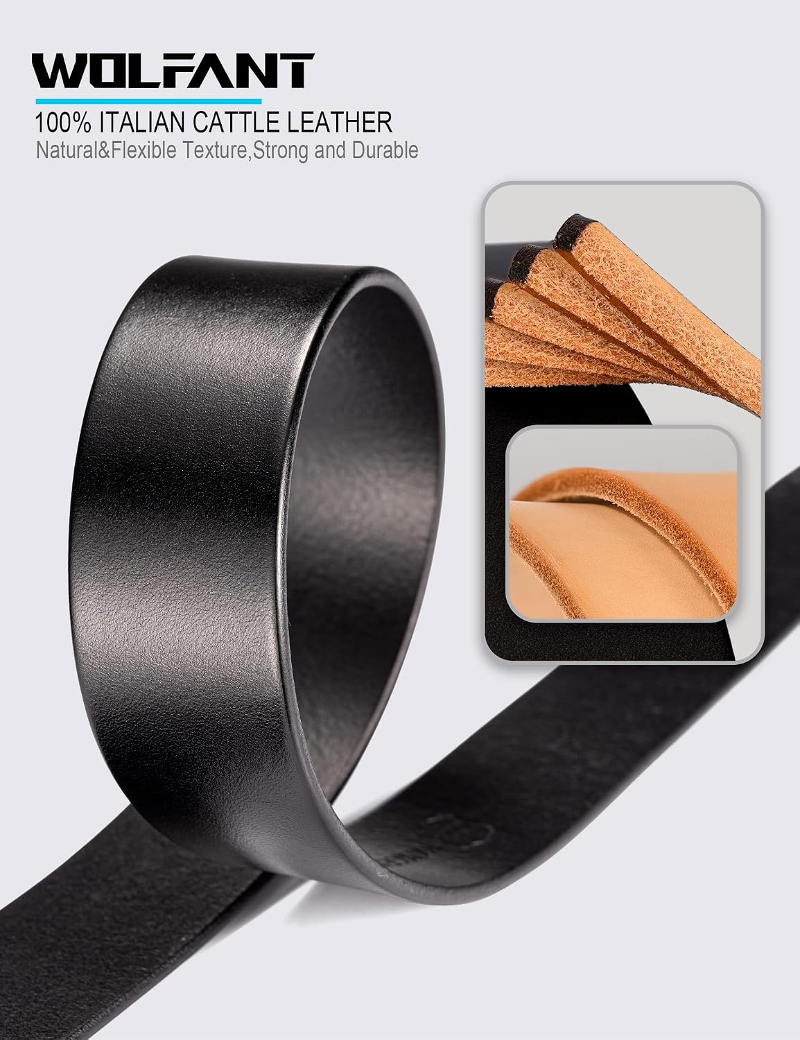 Detalle de WOLFANT 1.5" Full Grain Leather Belt for Men (Gift Box) — 100% Italian Solid Leather