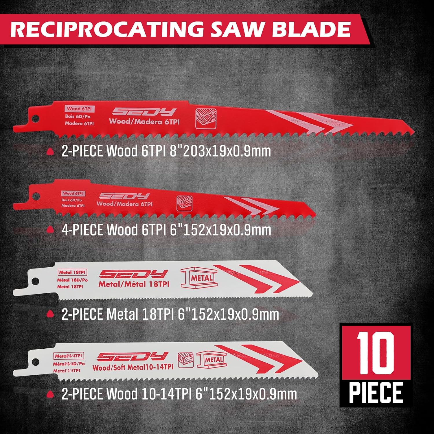 Detalle 2 de SEDY 86501 10-Piece Reciprocating Saw Blade Set, 6- and 8-Inch Wood & Metal