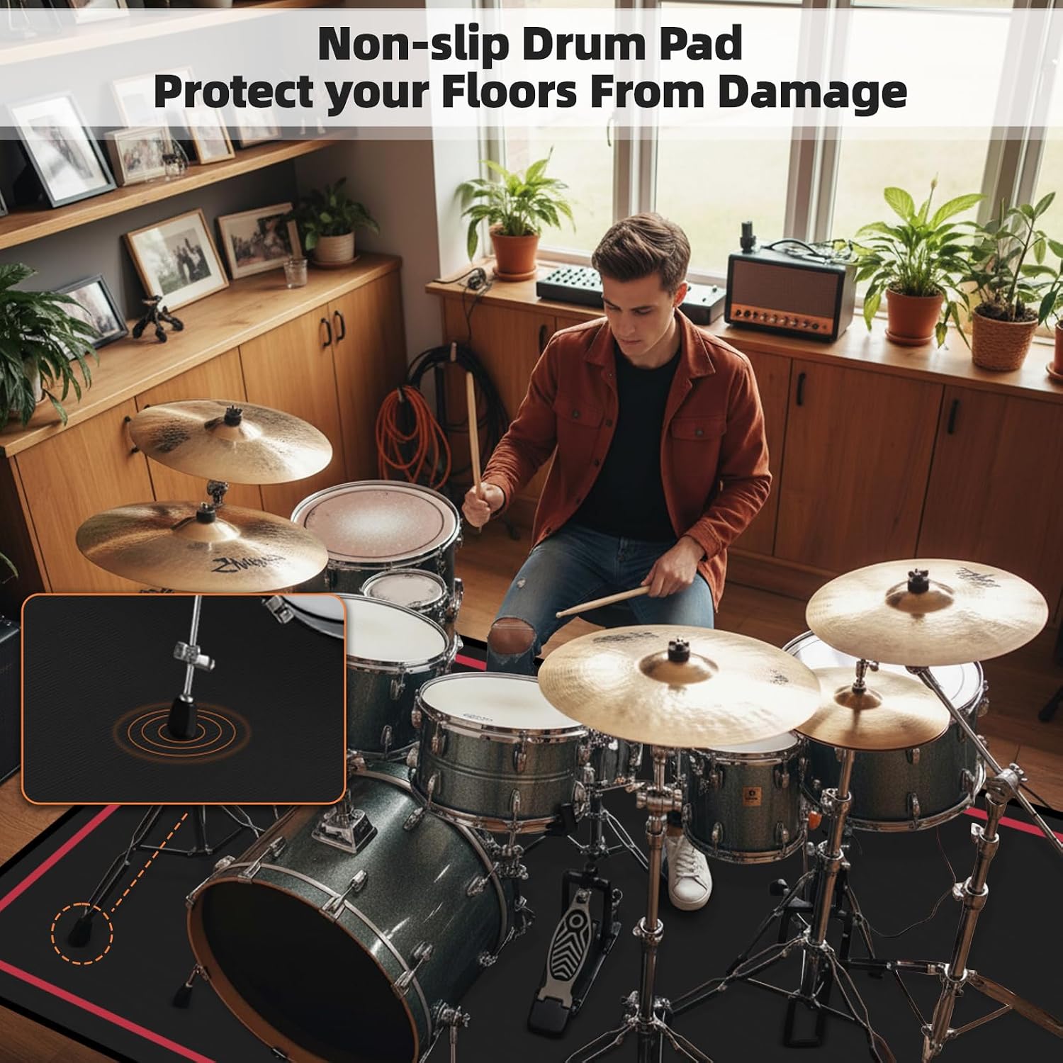 Thumbnail 6 de IBVIVIC Drum Mat, 4 x 5.3Ft, Non-Slip Rubber Backing, Red Border