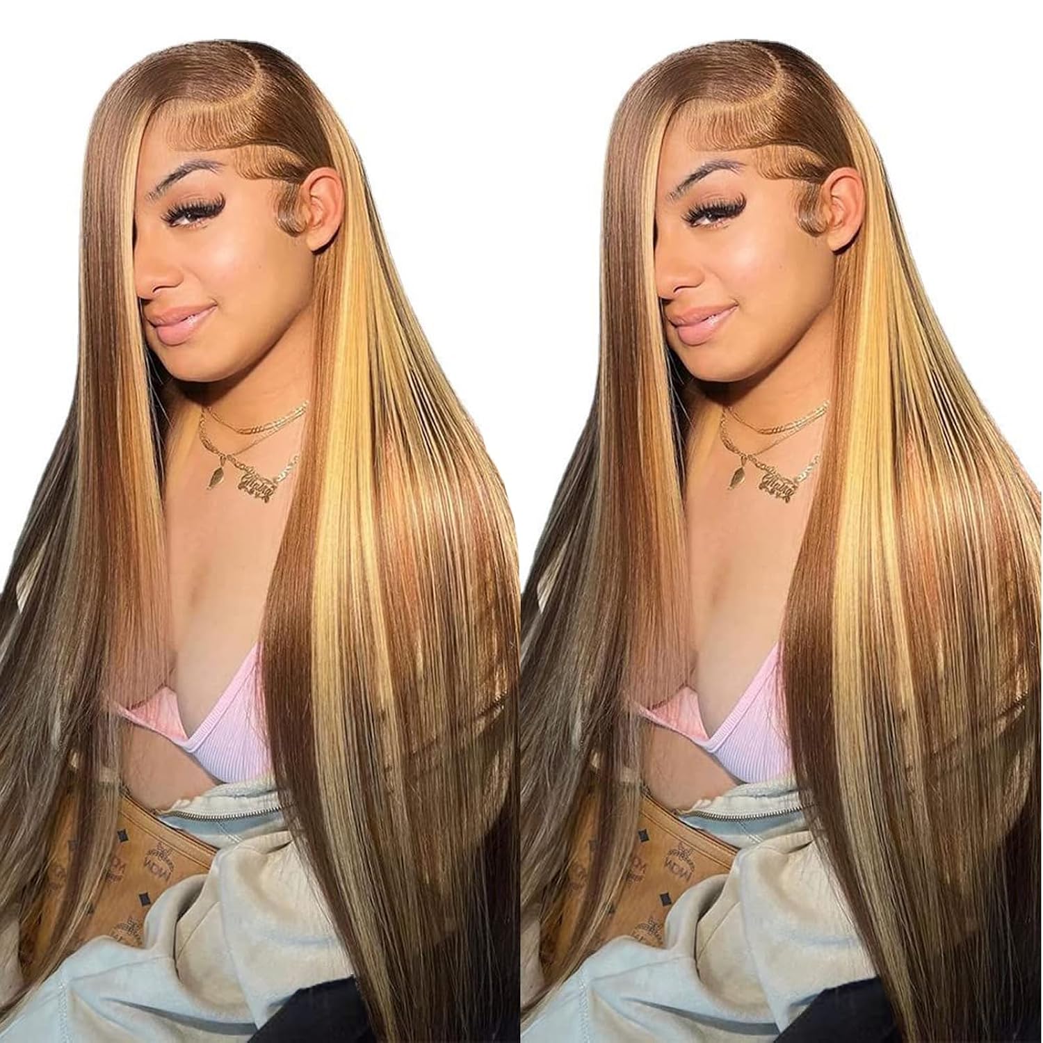 Detalle de Cypha Ombre Lace Front Wig: 13x6 HD Lace, 180% Density, 4/27 Highlight in Honey Blonde (30in)