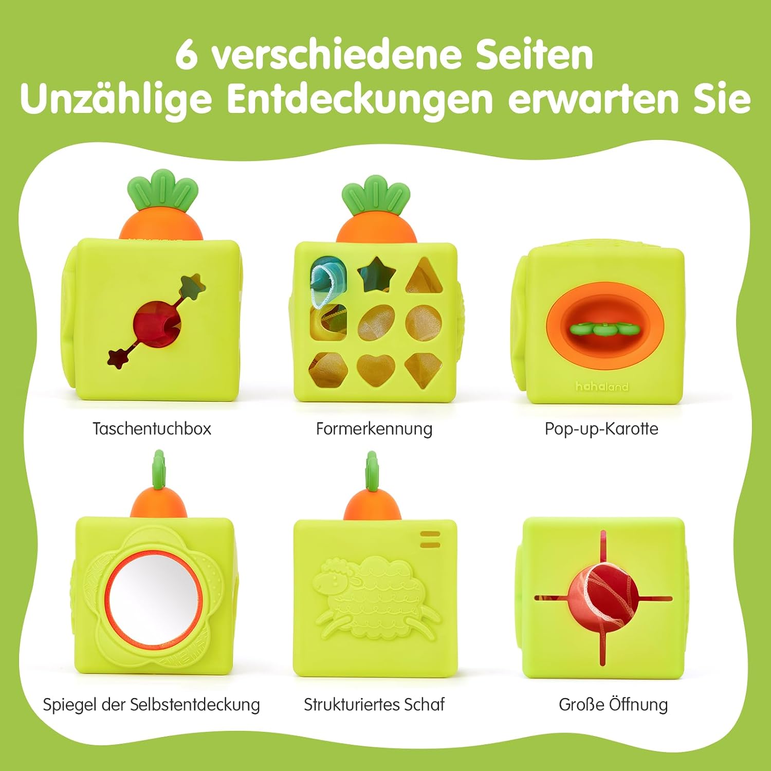 Thumbnail 2 de hahaland Baby Spielzeug 6 Monate – Silikon-Tücherbox, 6-in-1 Montessori Würfel mit Texturen, Spiegel und Beißring