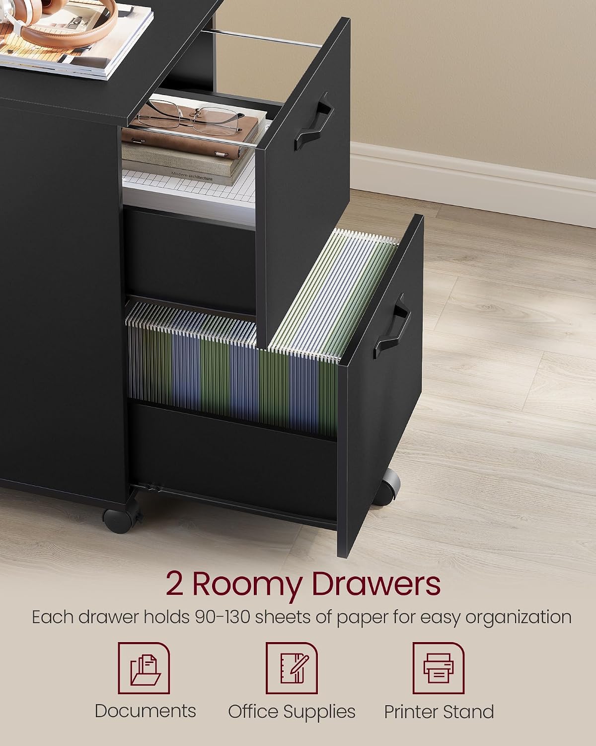 Detalle 2 de VASAGLE UOFC040B16 2-Drawer Rolling File Cabinet 15.7×16.5×27.6 in 🗄