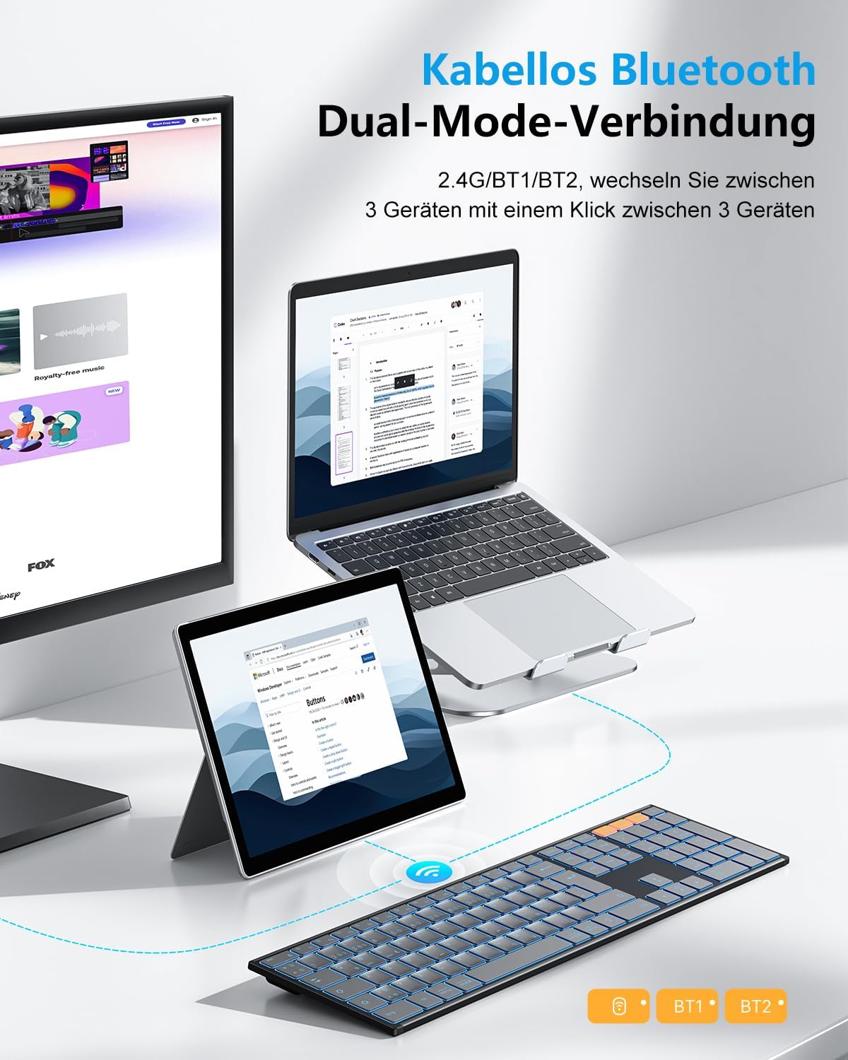 Thumbnail 1 de OMOTON kabellose Bluetooth-Tastatur mit Metallgehäuse (2,4G + BT), beleuchtet, Multi-Device, deutsches QWERTZ