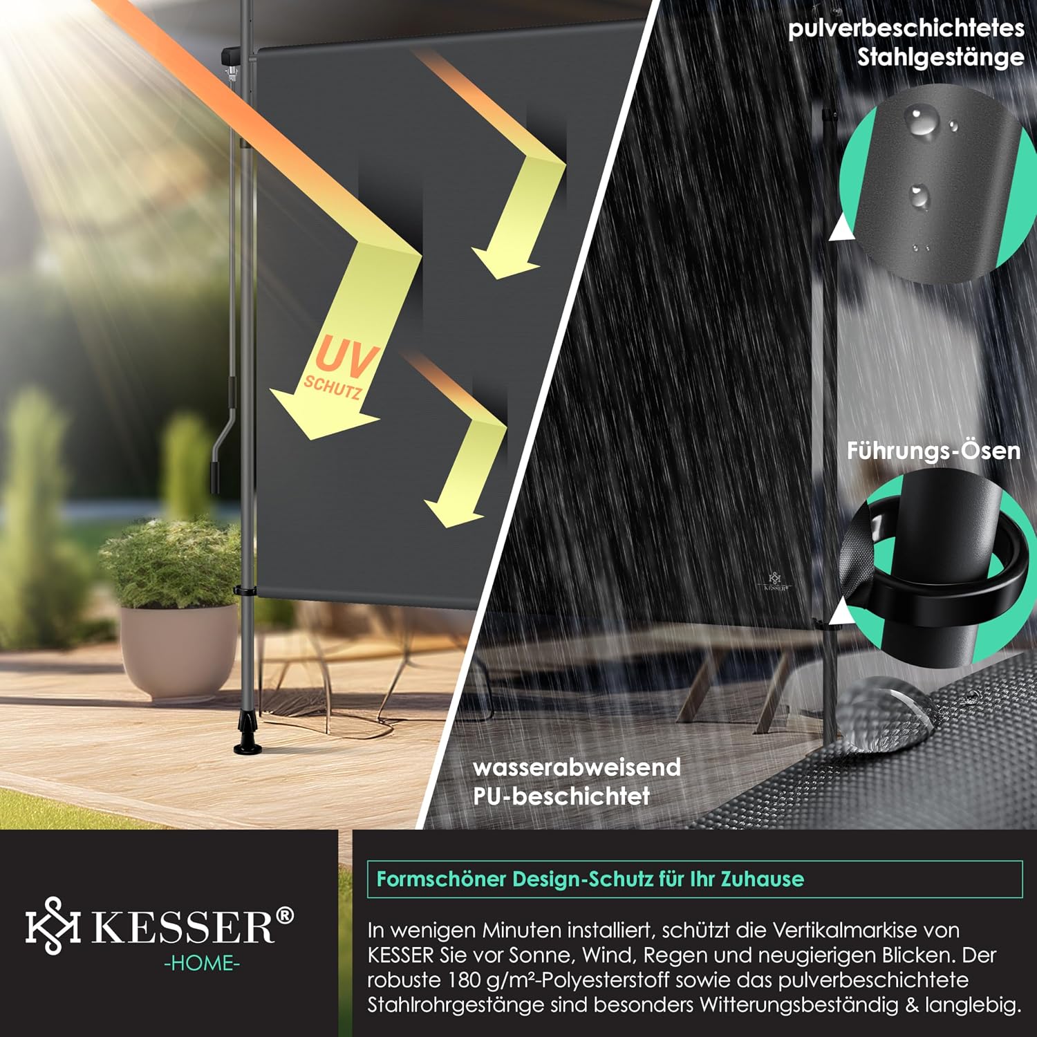 Detalle de KESSER® Klemmmarkise 120x310 cm – senkrechte Vertikalmarkise für Balkon & Garten (wetterfest, ausziehbar, Anthrazit)