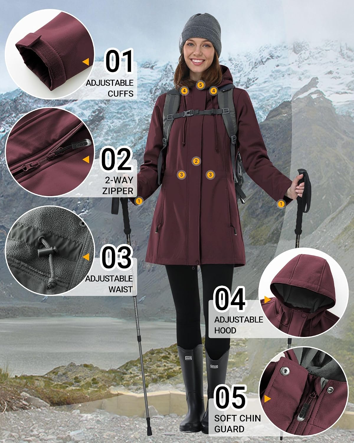 Detalle de Outdoor Ventures Damen-Lange-Softshelljacke mit Kapuze – gefütterte, wind- und wasserabweisende Übergangsjacke