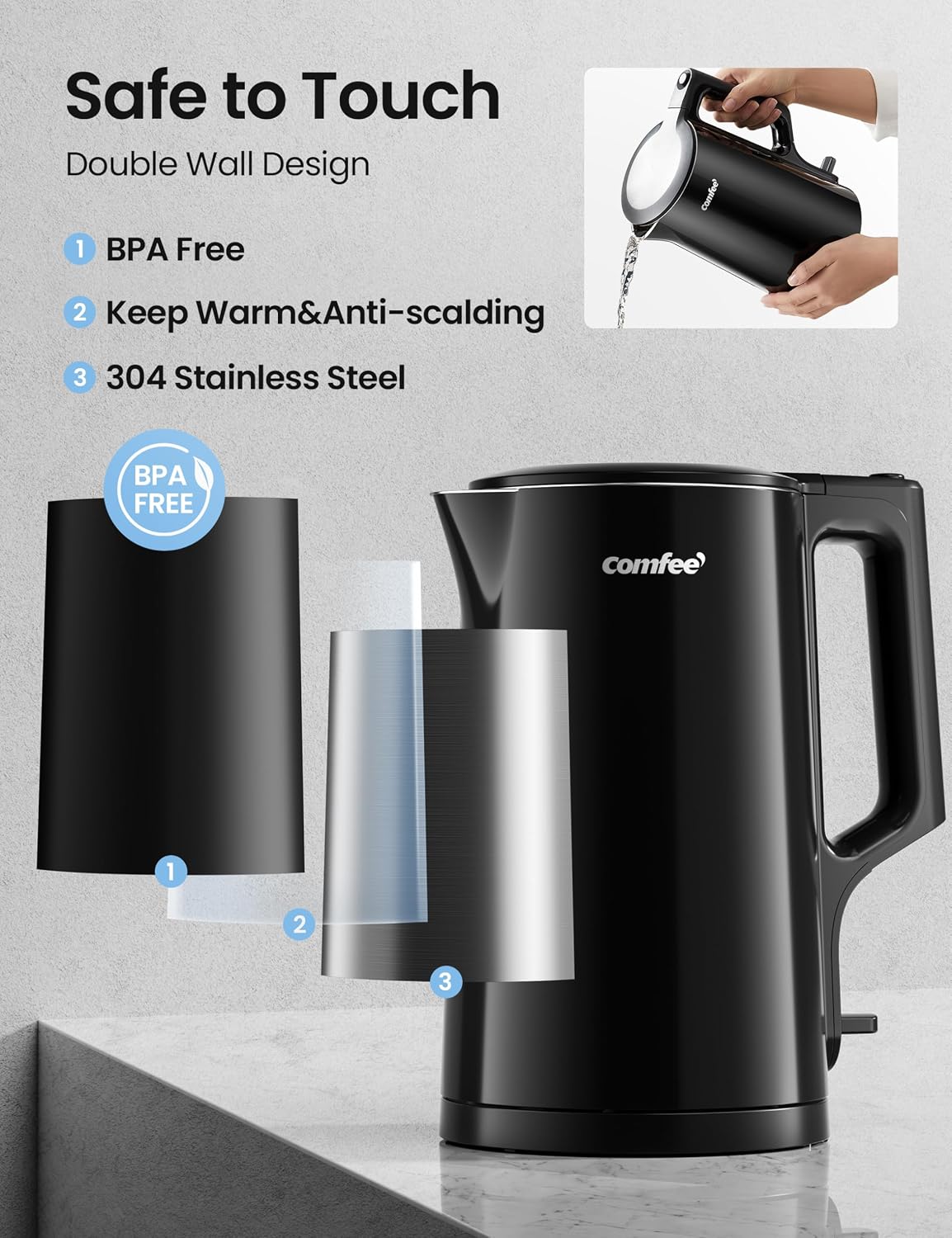 Thumbnail 2 de COMFEE' 1.7L Double-Wall Electric Tea Kettle (Stainless Steel Interior) with Auto-Off & Boil-Dry Protection, 1500W