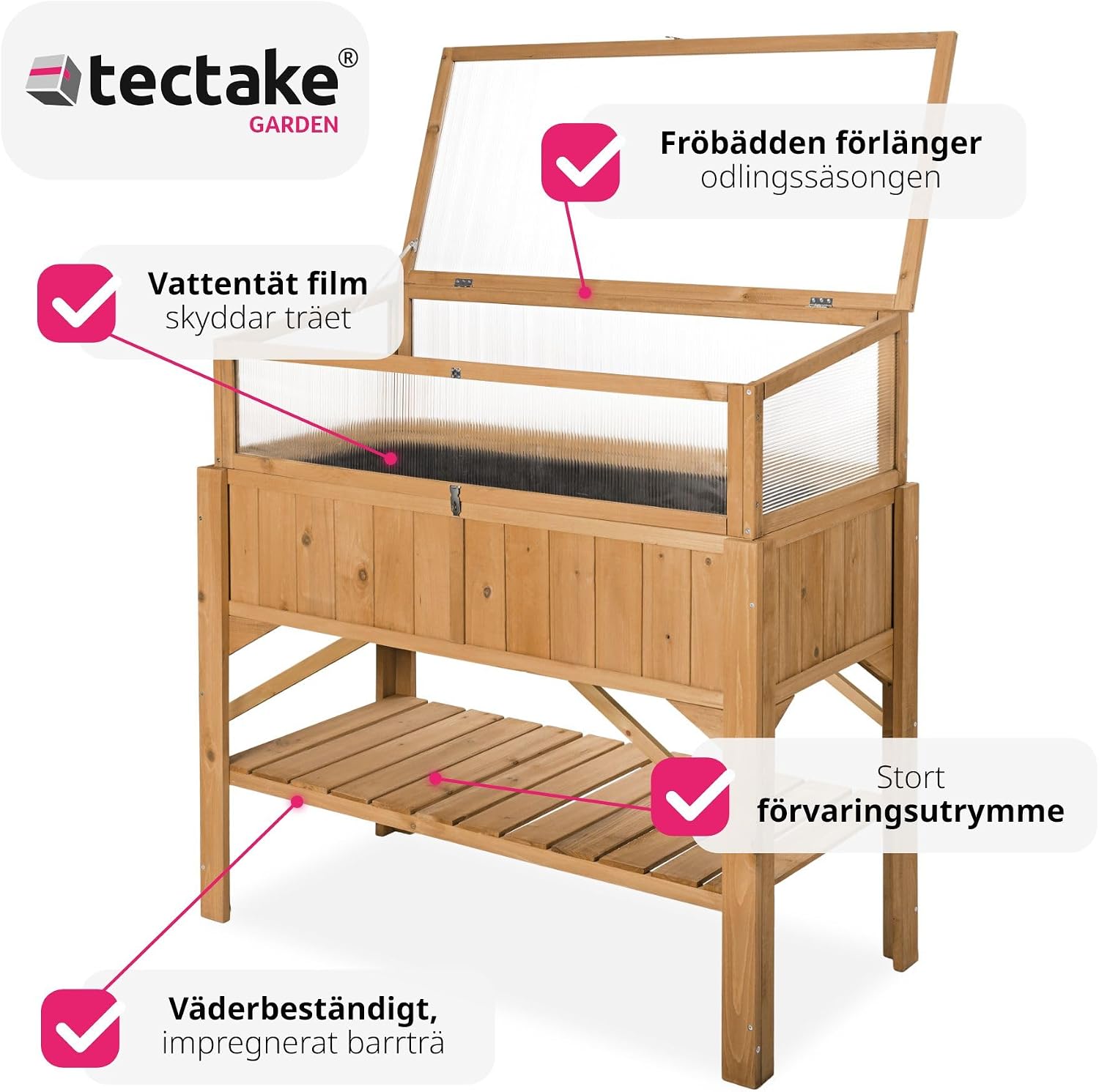 Detalle de tectake 403251-SE planteringslåda i barrträ med skyddsfolie och förvaringshylla