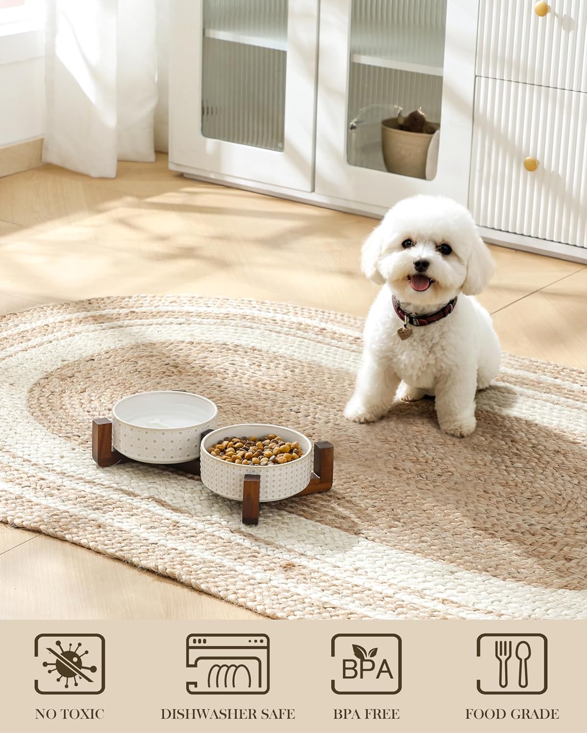 Detalle 2 de MALACASA LYDIA Ceramic Pet Bowl Set with Walnut Wood Stand, Non-Slip Base