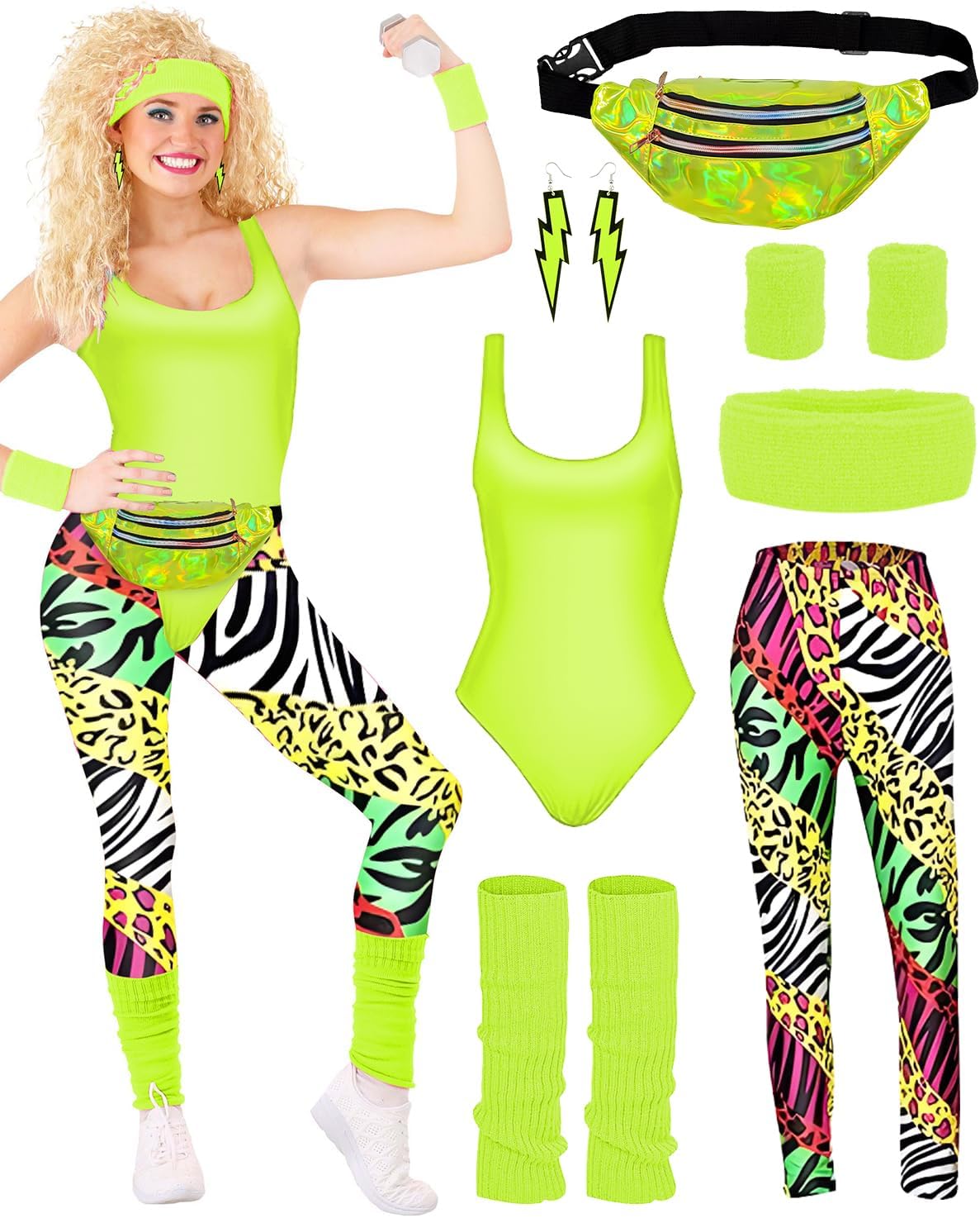 Thumbnail 6 de BIQIQI Damen 80er-Jahre Retro Trainingsanzug-Set mit Trikot, Leggings, Stirnband & Accessoires
