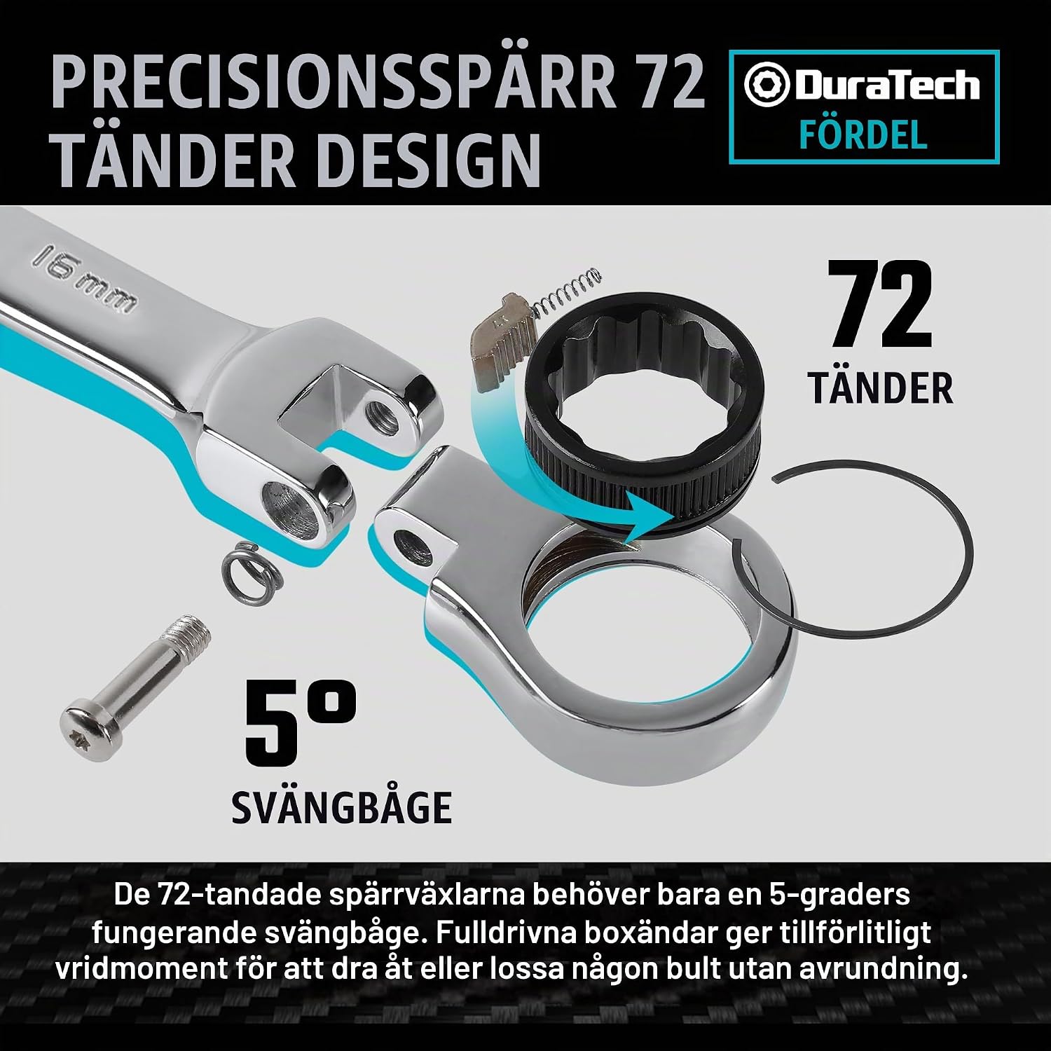 Detalle de DURATECH 12-delat spärrnyckelset med flexhuvud, 8–19 mm och förvaringsfodral