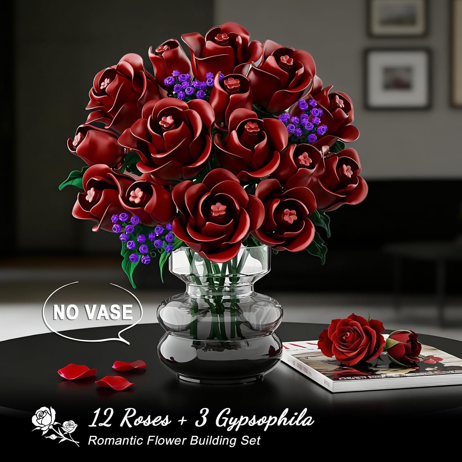 Detalle de HOGOKIDS Flowers Bouquet Building Set - 15 Burgundy Roses (330 pcs) for Home & Gift