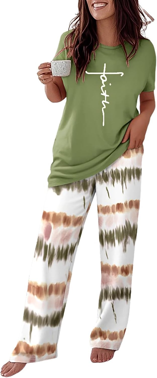 Detalle de CHICME 2-Piece Women’s Pajama Set: Short Sleeve T-Shirt & Printed Loose Palazzo Pants