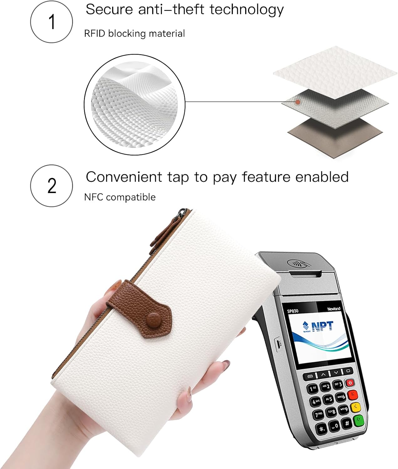 Detalle de GOIACII Womens RFID Blocking Wallet: Large Bifold with 13 Cards, Double Zip, White/Brown