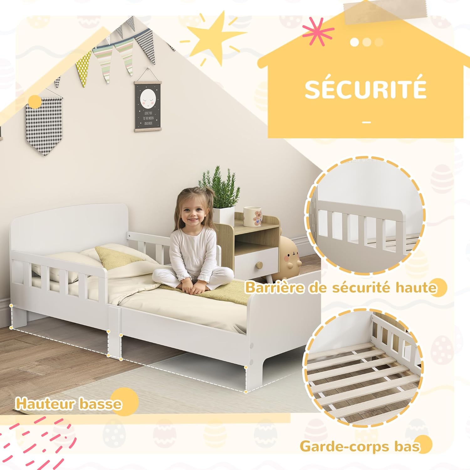 Thumbnail 3 de AIYAPLAY Lit Enfant au Sol avec Barrières et Cadre Robuste – 140 x 70 cm, Blanc