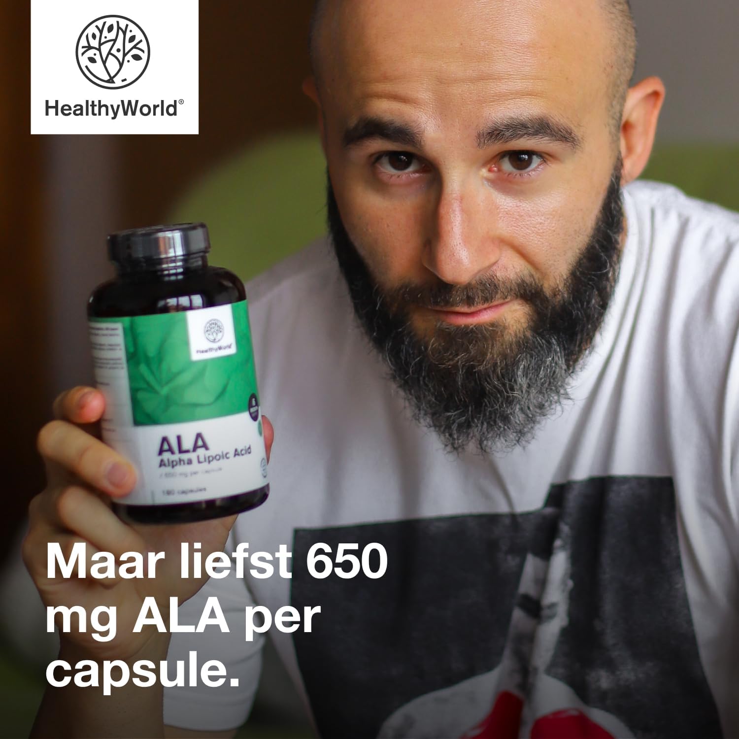 Detalle de HealthyWorld ALA 650 mg alfa-liponzuur, 180 plantaardige capsules