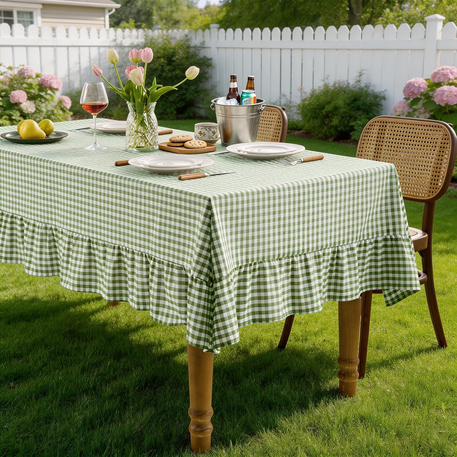 Detalle 2 de Romanstile Gingham Ruffled Tablecloth Rectangle - Sage Green, Waterproof Linen Cotton Checkered, 60 x 84 Inch