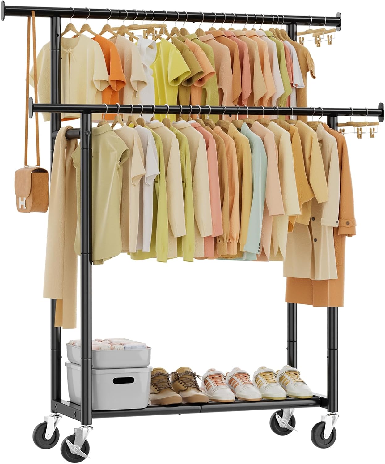 Detalle de Simple Trending Double-Bar Portable Garment Rack with Wheels
