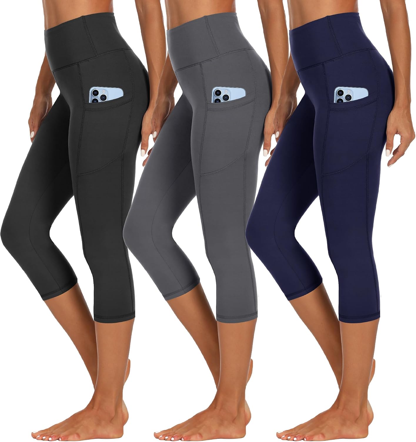 Detalle 2 de HIPOWER 3er Pack Damen Leggings mit Taschen – Capri/3/4 Hose High Waist für Yoga und Fitness
