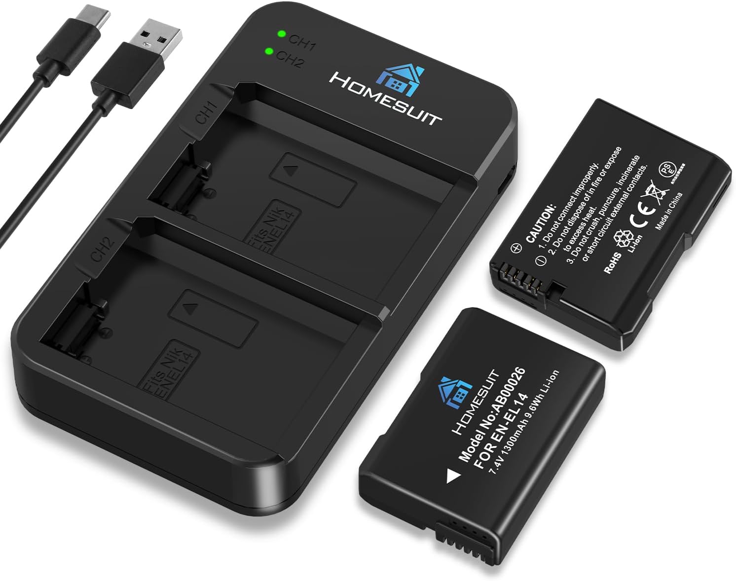 Detalle de Homesuit EN-EL14/EN-EL14a batterisats med USB-dubbelladdare, 2-pack