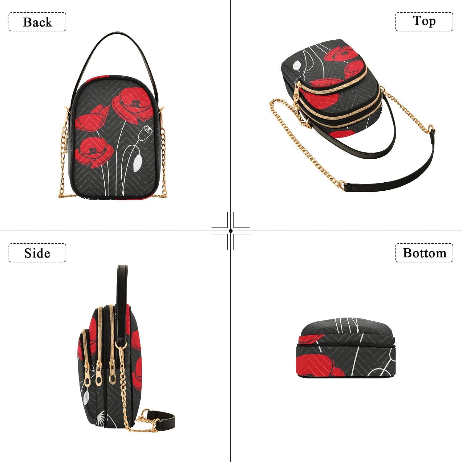 Detalle de Mnsruu Crossbody Bag for Women – Red Poppy on Black, Compact Yet Practical