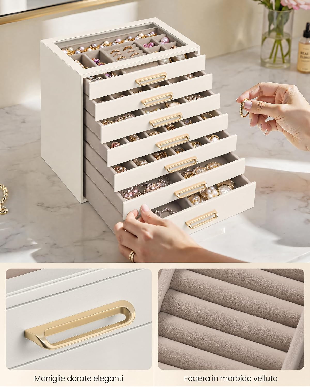 Detalle de SONGMICS Portagioie con Coperchio in Vetro, a 7 Cassetti – Eleganza e Organizzazione