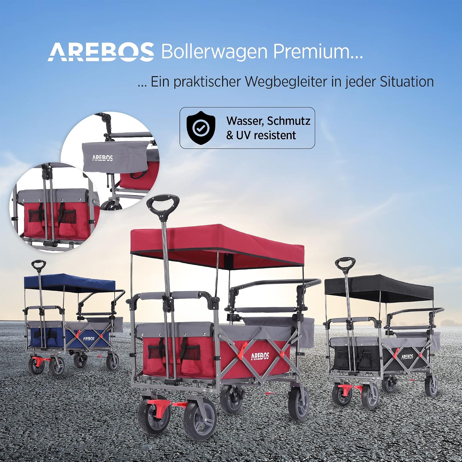Thumbnail 6 de Arebos Bollerwagen Premium faltbar mit Dach – Handwagen, klappbar bis 100 kg Tragkraft, 360° Rolllädenräder, mit Tragetasche, Rot
