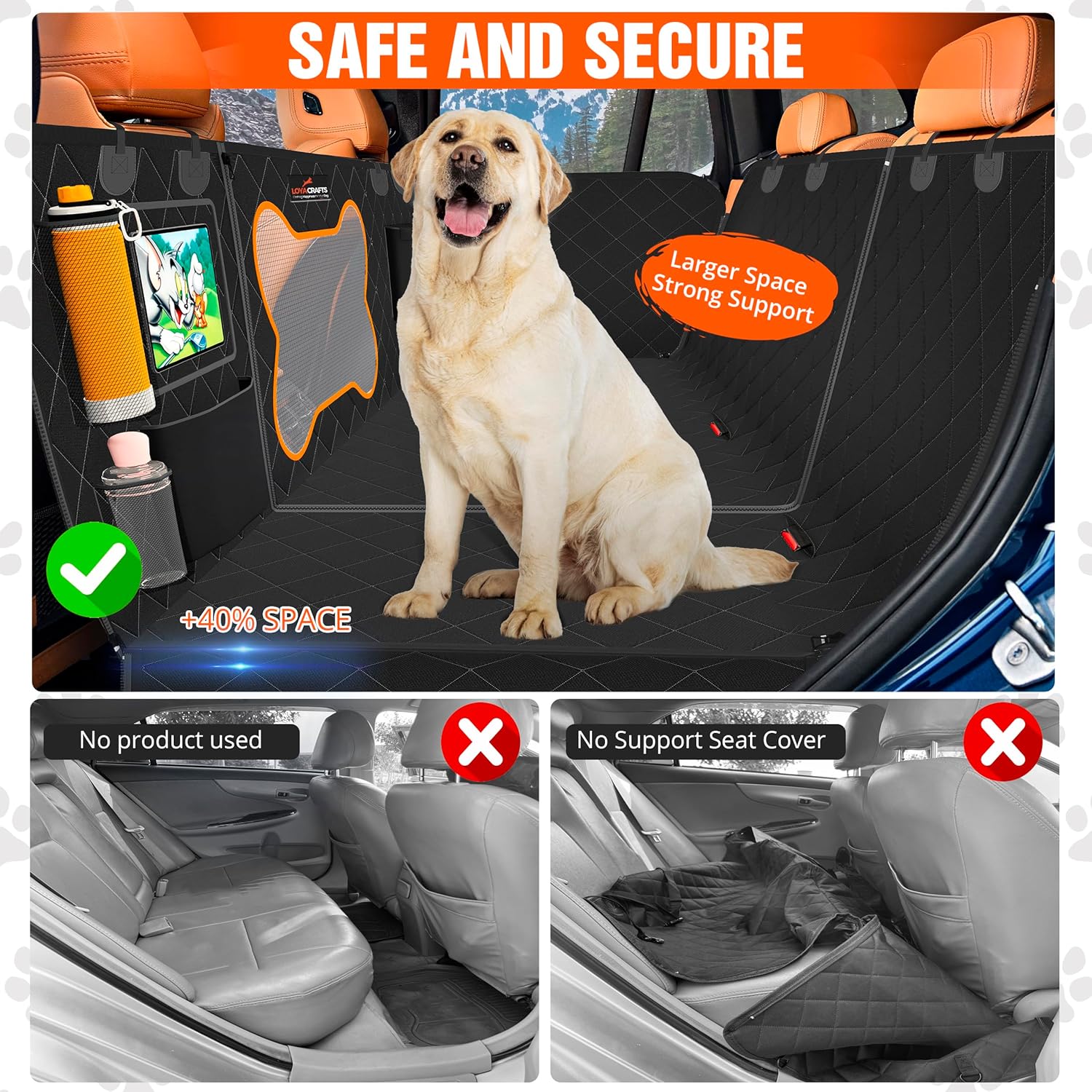 Detalle 2 de LOYA Crafts Pet Backseat Extender for Dogs – 600D hard-bottom waterproof hammock with mesh window and storage pockets